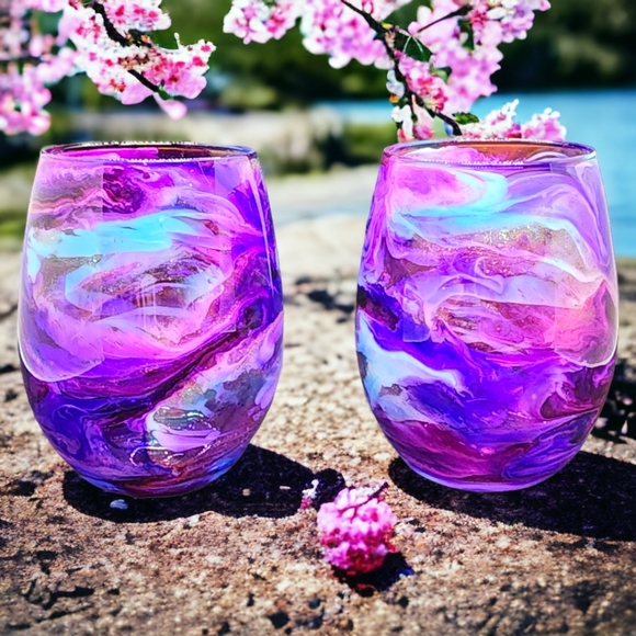 Hand Crafted Other - Purple Clouds/Stemless Wine Set
